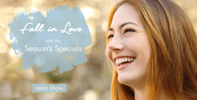 Closeup of young woman smiling. Fall in love with this season's specials. Learn more link.