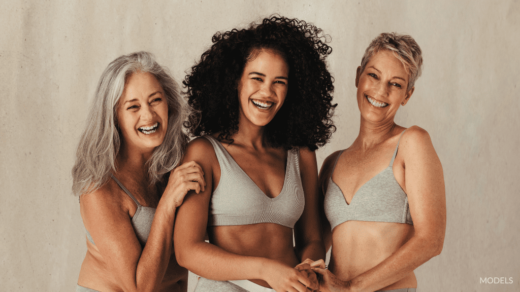 A group of women with all different body types in lingerie (models)